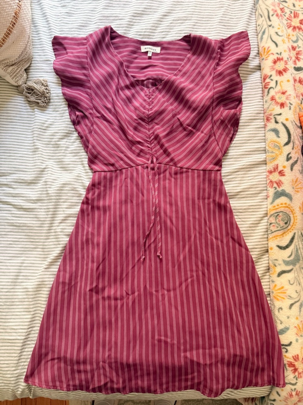 Monteau Rose-Pink Striped V-Neck Midi Dress